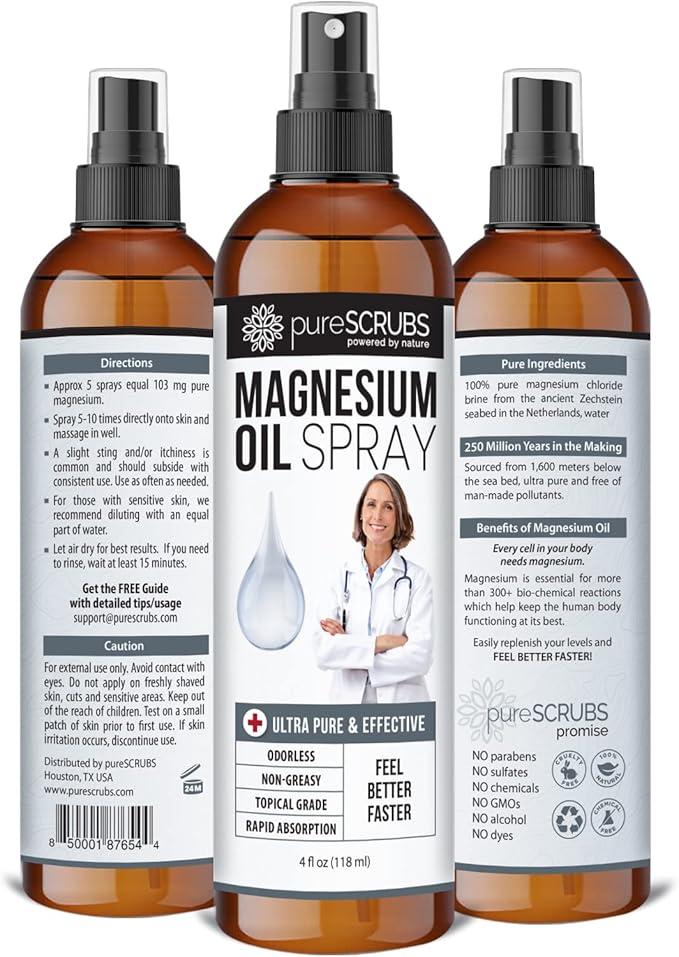 Fast Acting Pure Topical Magnesium Oil Spray for Feet, Skin, Body, Ultra Fast Absorption for Better Health, Pure Zechstein Brine - (4 fl oz - 1pk)