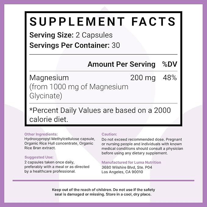 Luma Nutrition Magnesium Glycinate 1000mg - Support Stress, Sleep, Nerve & Muscle Health - 500mg Pure Magnesium Supplement Capsules - Chelated for High Absorption - 60 Veggie Capsules