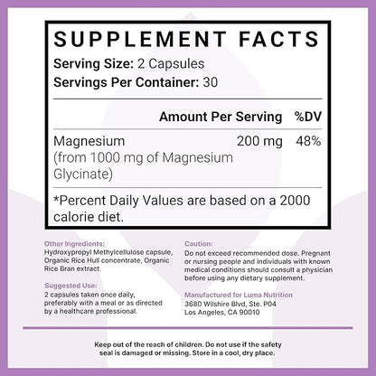 Luma Nutrition Magnesium Glycinate 1000mg - Support Stress, Sleep, Nerve & Muscle Health - 500mg Pure Magnesium Supplement Capsules - Chelated for High Absorption - 60 Veggie Capsules