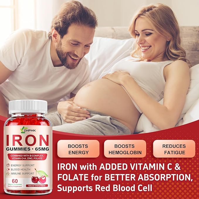Iron Supplement for Women, Men & Kids, Iron 65mg & Vitamin C 250mg per Serving with B6 B12 Folate- Energy Support for Iron Deficiency, Anemia, Vegan Gummy Cherry Flavor, 60 Count