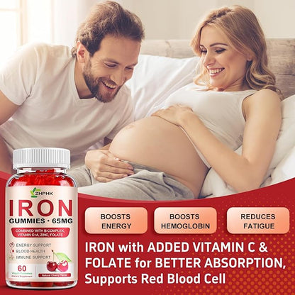 Iron Gummies Supplement for Women, Men & Kids, Iron 65mg with 250mg Vitamin C B6 B12 Folate Healthy Blood, Energy & Immune Support Gentle on Stomach Ferrous Fumarate, 120 Count