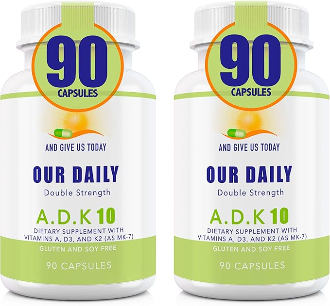 Our Daily Vites ADK 10 Double Strength (10,000 iu) Vitamins A1, D3 & K2 (as MK7) - Physician Formulated Bone & Immune System Support - Gluten Free, Non GMO - 180 Vegetarian Capsules