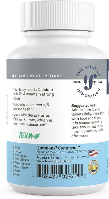 Freeda Calcium Citrate – Kosher Vegan Bone Strength Supplement – Supports Bone Density & Muscle Function – Calcium 1000mg per Serving – No Added Vitamin D – (250 Tablets)