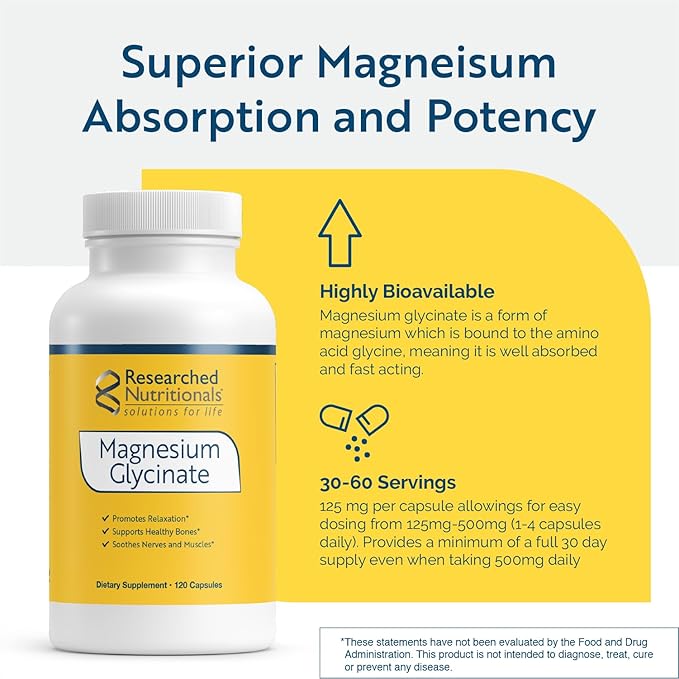 Researched Nutritionals Magnesium Glycinate Capsules - 125mg High Absorption Magnesium Glycinate Supplement to Support Healthy Bones and Energy Production - Vegan & Non-GMO (120 Capsules)