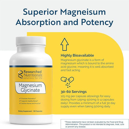 Researched Nutritionals Magnesium Glycinate Capsules - 125mg High Absorption Magnesium Glycinate Supplement to Support Healthy Bones and Energy Production - Vegan & Non-GMO (120 Capsules)