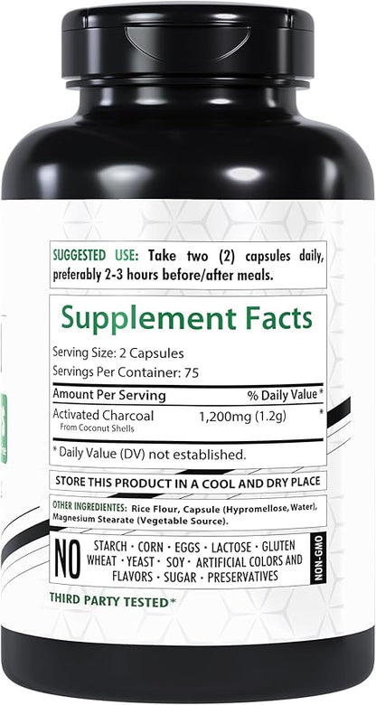 Activated Charcoal Capsules 1200mg | 150 Veg Capsules | Derived from Coconut Shells | Highly Absorbent | Non-GMO | Made in The USA