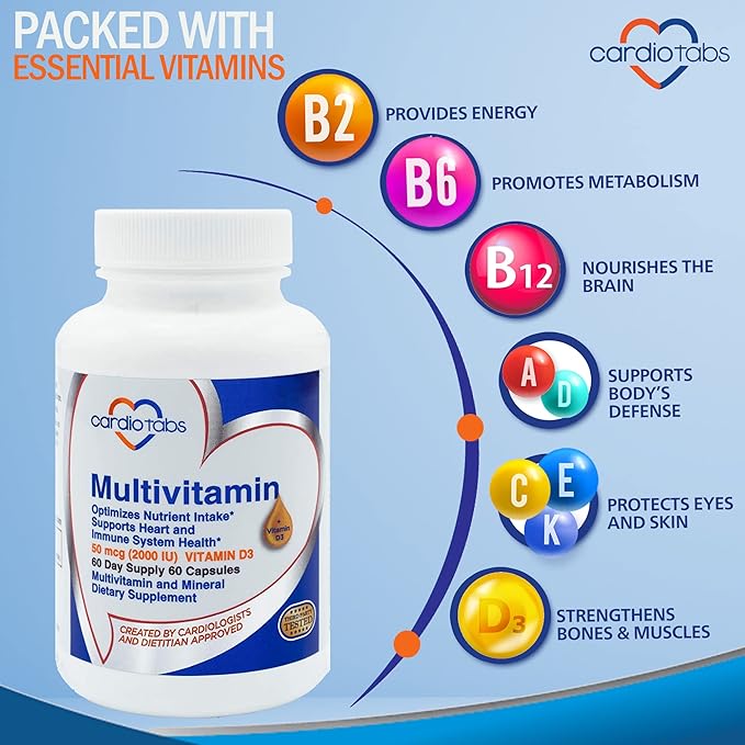 Multivitamin - Heart and Immunity Supplements for Men & Women, Multivitamin for Men & Women, with Minerals B-Vitamin Complex, Vitamins A, C, E, K and 2000 IU Vitamin D3, 60-Count Bottle