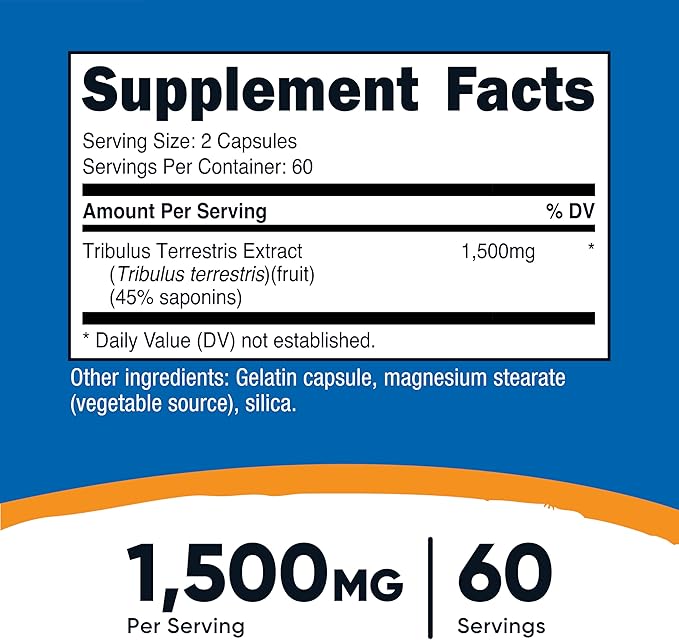 Nutricost Tribulus Terrestris Extract 1500mg, 120 Capsules - 60 Servings (750mg Per Cap), Non GMO & Gluten Free