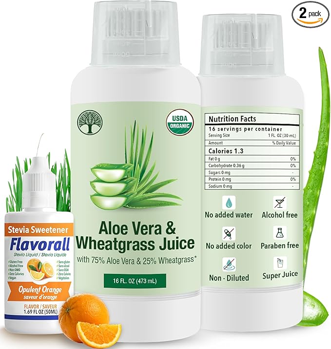 Aloe Vera & Wheatgrass Juice with Flavorall: USDA Certified Aloe Juice Shots - 30-Day Supply for Gut Detox, Immunity & Clear Skin, 75%-25% Highly Potent Concentration (Orange)