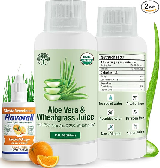 Aloe Vera & Wheatgrass Juice with Flavorall: USDA Certified Aloe Juice Shots - 30-Day Supply for Gut Detox, Immunity & Clear Skin, 75%-25% Highly Potent Concentration (Orange)