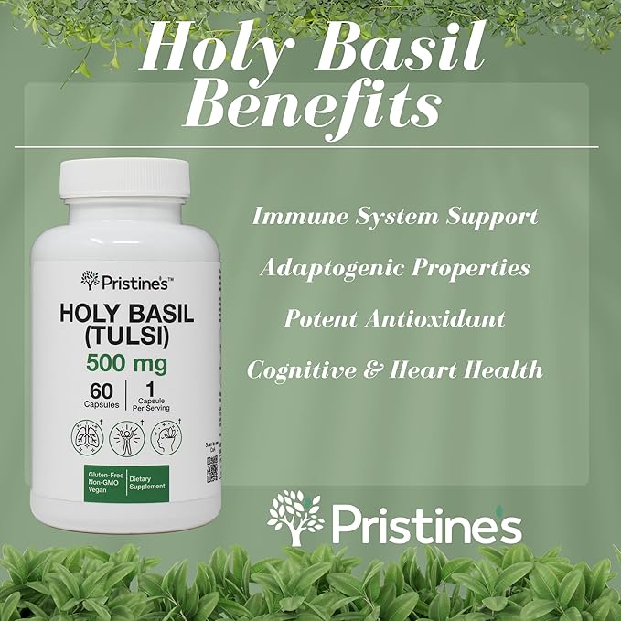PRISTINE'S Holy Basil (Tulsi) 500 mg (2 Pack) Relaxation & Immunity Support Adaptogen Supplement - 120 Day Supply - Holy Basil Leaf Capsules - Vegan - Non-GMO - Gluten Free Supplements