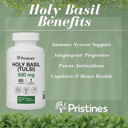 PRISTINE'S Holy Basil (Tulsi) 500 mg (3 Pack) Relaxation & Immunity Support Adaptogen Supplement - 180 Day Supply - Holy Basil Leaf Capsules - Vegan - Non-GMO - Gluten Free Supplements