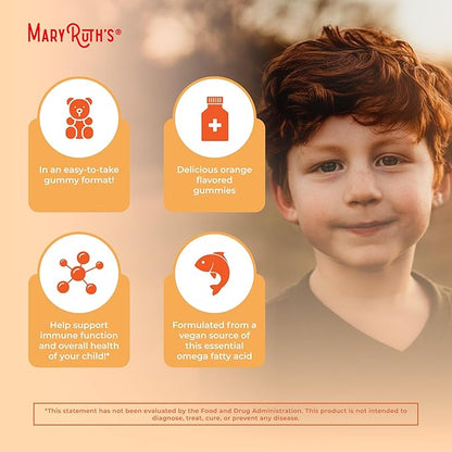 MaryRuth Organics Vegan Omega 3 Gummies for Kids 2+, 2 Month Supply, Sugar Free, Omega 3 Supplement with Vitamin C, Flaxseed Oil, Immune Support, Essential Nutrient ALA, No Fish Taste, 60 Count