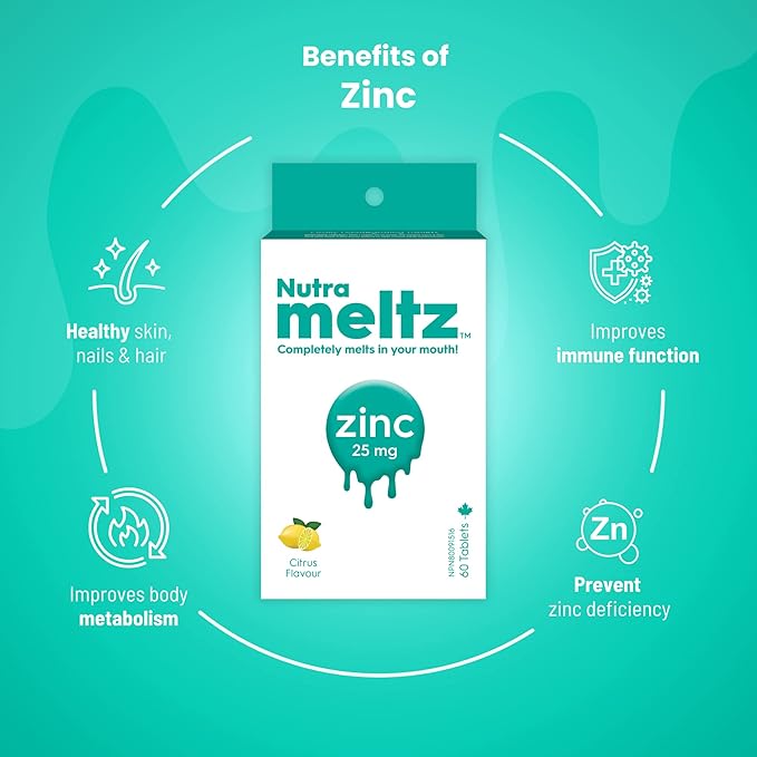 Nutrameltz Zinc 25 mg Supplement – Dietary Immune Support Supplement, Promotes Healthy Hair & Nails, Boost Metabolism Quick Dissolving – Mouthwatering Lemon Flavor (60 Tablets)