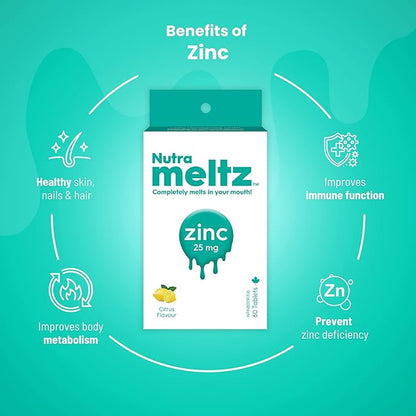Nutrameltz Zinc 25 mg Supplement – Dietary Immune Support Supplement, Promotes Healthy Hair & Nails, Boost Metabolism Quick Dissolving – Mouthwatering Lemon Flavor (60 Tablets)