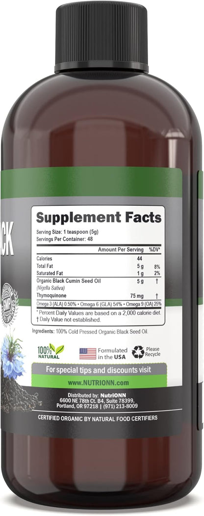 Organic Black Seed Oil - USDA Certified Organic Black Cumin Seed Oil Liquid – High Thymoquinone Content – Non-GMO and Cold-Pressed – Rich Source of Omega-6 & Omega-9 Fatty Acids - 8 Oz
