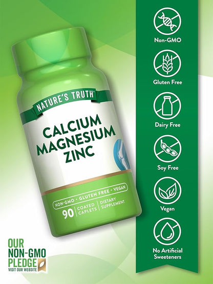 Nature's Truth Calcium Magnesium Zinc | 90 Coated Caplets | Vegan, Non-GMO, and Gluten Free Supplement