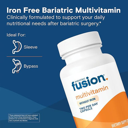 Bariatric Fusion Bariatric Multivitamin Without Iron | Post Bariatric Surgery Patients | Iron Free Bariatric Vitamin for Gastric Bypass and Sleeve Gastrectomy | 60 Capsules | 1 Month Supply