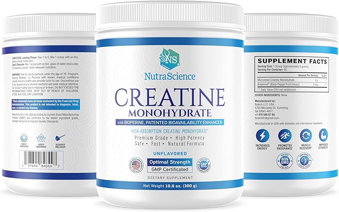 NutraScience Creatine Monohydrate Powder with BioPerine, Supports Lean Muscle Growth and Recovery, 60 Servings, 5000mg Per Serving, Unflavored, GMP sertified, Vegan Friendly, Non GMO