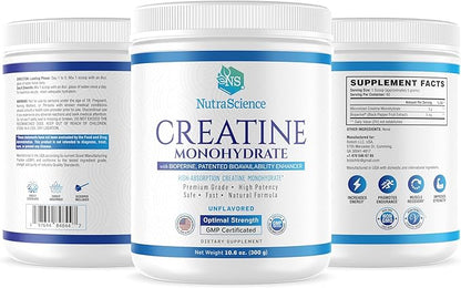 NutraScience Creatine Monohydrate Powder with BioPerine, Supports Lean Muscle Growth and Recovery, 60 Servings, 5000mg Per Serving, Unflavored, GMP sertified, Vegan Friendly, Non GMO