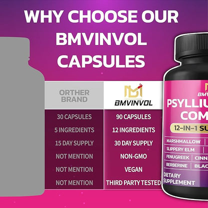 BMVINVOL Psyllium Husk, Slippery Elm, Cascara Sagrada, Fenugreek, Berberine, Cinnamon, Turmeric + 5 Mores - Immune Support & Digestive Health Supplement - 90 Capsules