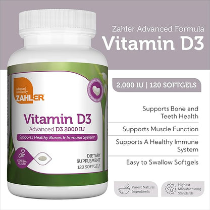 Zahler - Advanced Vitamin D3 2000 IU Softgels (120 Count) Kosher Vegetarian Friendly Vitamin D for Immune Support, Bone, Teeth & Muscle Health - Daily D3 Vitamin Supplement for Adults - Easy Swallow V