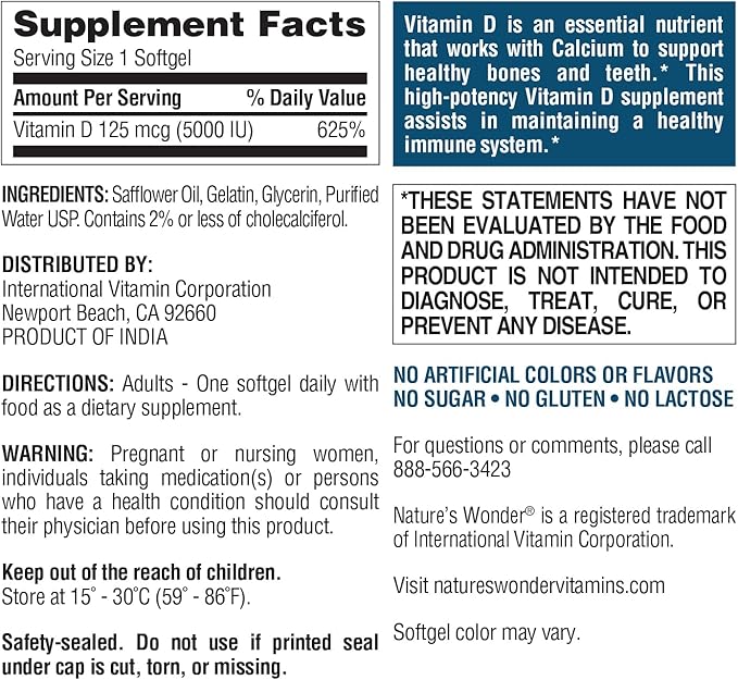 Nature's Wonder Vitamin D3 5000iu (125mcg) High Potency, Dietary Supplement to Support Bone Health and Immune System, Gluten Free, 360 Softgels, 1 Year Supply
