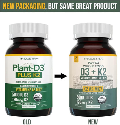 Organic Plant D3 + K2 | 5000 iu D3 + 120 mcg K2 as All-Trans MK7 from MenaQ7® - 100% Whole Food, Raw & Vegan | Enhanced Digestion with Prebiotic & Superfood Complex – D3 from Organic Algae (60 Count)