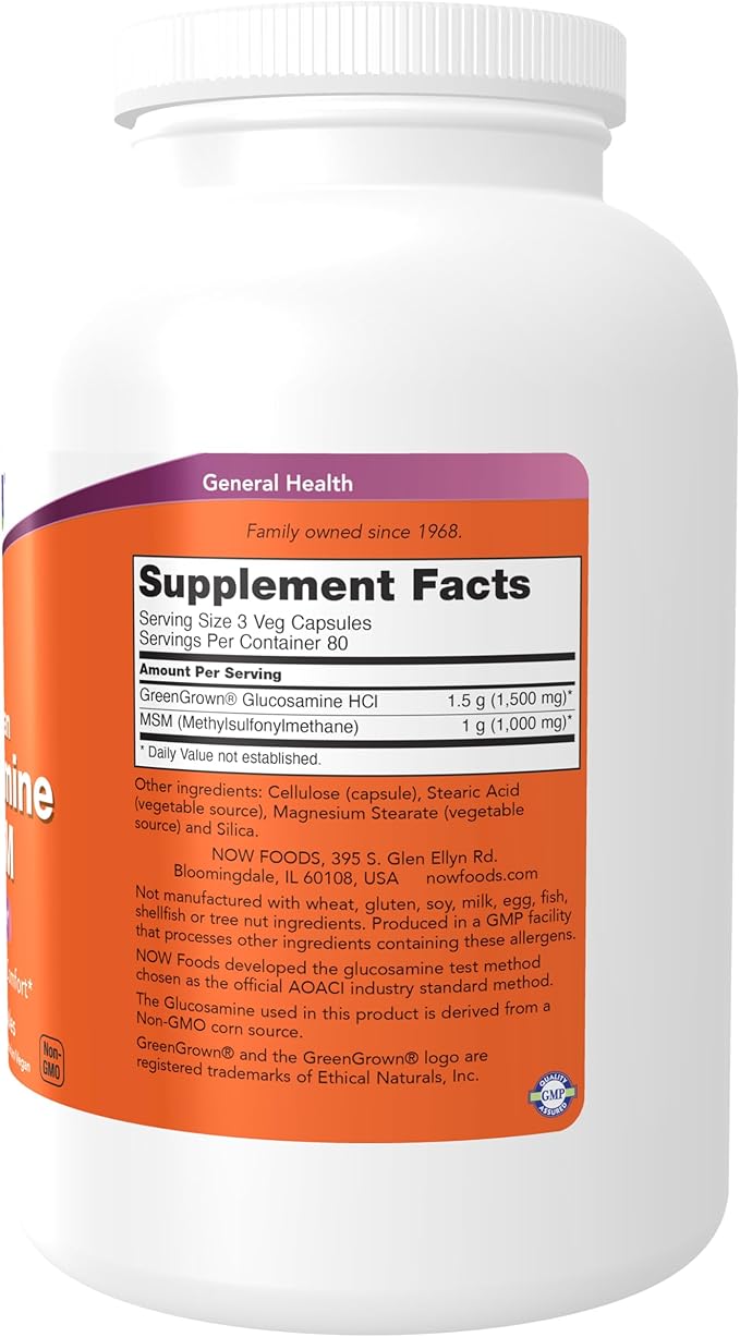 NOW Foods Supplements, Glucosamine & MSM (GreenGrown® Glucosamine), Vegetarian, 240 Veg Capsules