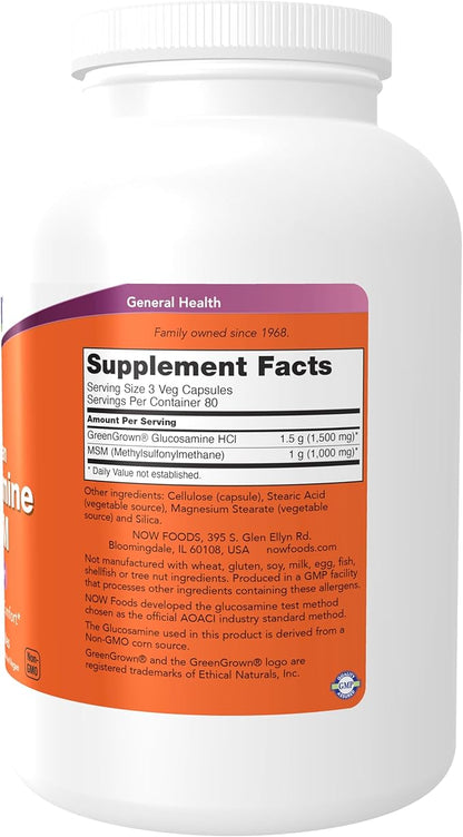NOW Foods Supplements, Glucosamine & MSM (GreenGrown® Glucosamine), Vegetarian, 240 Veg Capsules