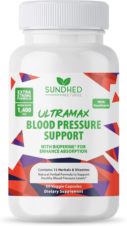 Sundhed Natrual UltraMax Blood Pressure with Bioperine for Enhanced Absorption, Hawthorn Berry Capsules - Multivitamin - 60 Capsules