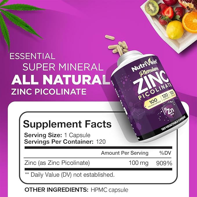 Nutrivein Premium Zinc Picolinate 100mg - 120 Capsules: High-Absorption Zinc Picolinate Supplements - Essential Nourishment for Overall Wellness - Max Bioavailability