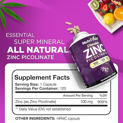 Nutrivein Premium Zinc Picolinate 100mg - 120 Capsules: High-Absorption Zinc Picolinate Supplements - Essential Nourishment for Overall Wellness - Max Bioavailability