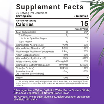 Sugar Free Vitamin B Complex Gummies with Vitamin C, Methylated B Complex Vitamins for Women, Men & Adults - B12, B1, B2, B3, B5, B6, B7, B9 - Vitamin B Complex Supplement for Energy Immune Support