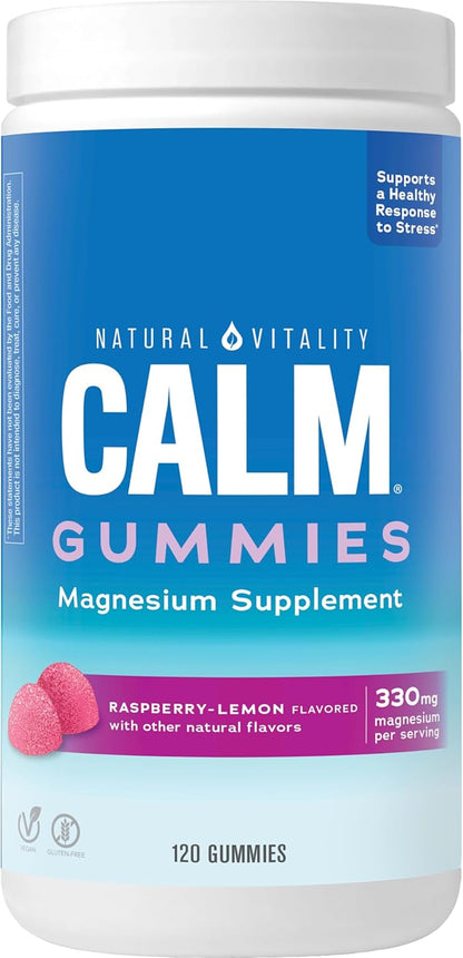 Natural Vitality CALM, Magnesium Citrate Supplement, Stress Relief Gummies, Supports a Healthy Response to Stress, Gluten Free, Vegan, Raspberry Lemon Flavored, 120 Gummies