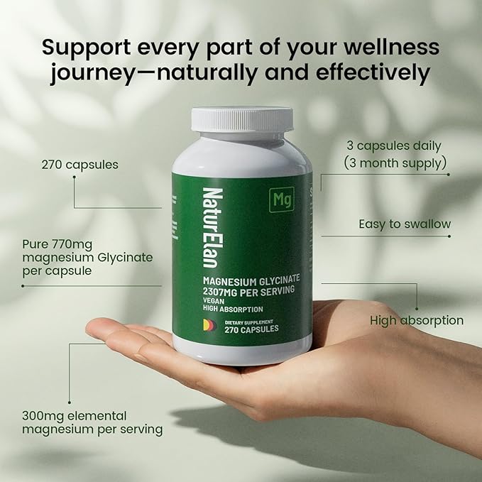 Magnesium Glycinate 300mg - 270 Capsules, 100% Chelated Magnesium, Third-Party Tested, Vegan, Non-GMO & Gluten Free, High Absorption Formula for Sleep, Muscles, Nerves & Energy Support