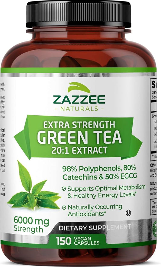 Zazzee Extra Strength Green Tea 20:1 Extract, 6000 mg Strength, 50% EGCG, 98% Polyphenols and 80% Catcehins, 150 Vegan Capsules, 5 Month Supply, Standardized and Concentrated 20X Potency, Non-GMO
