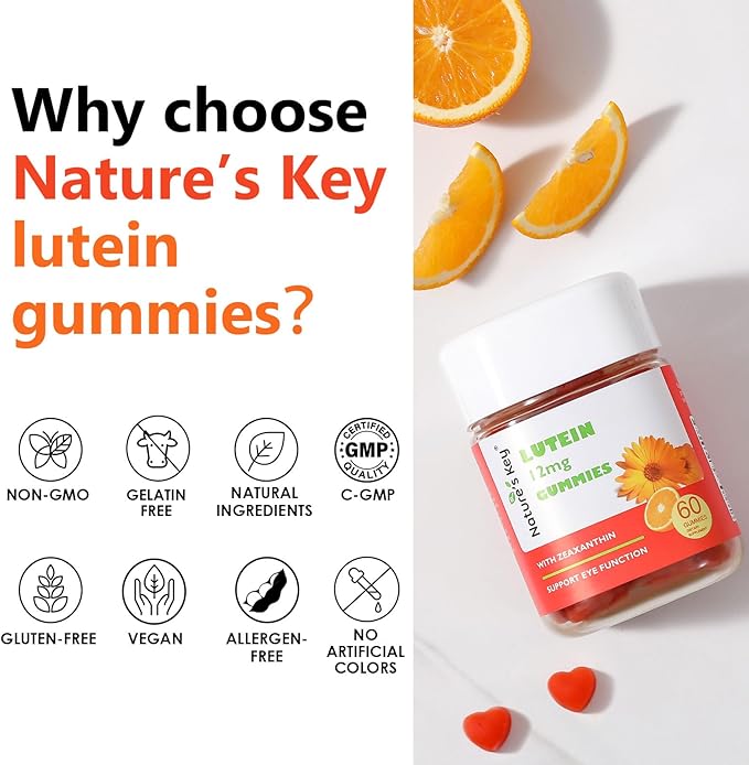 Nature's Key Lutein Gummies 12mg with Zeaxanthin & Vitamin A for Kids and Adults | Eye Health and Brain Function Supplement | Orange Flavor, 60Ct