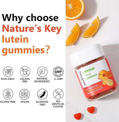 Nature's Key Lutein Gummies 12mg with Zeaxanthin & Vitamin A for Kids and Adults | Eye Health and Brain Function Supplement | Orange Flavor, 60Ct