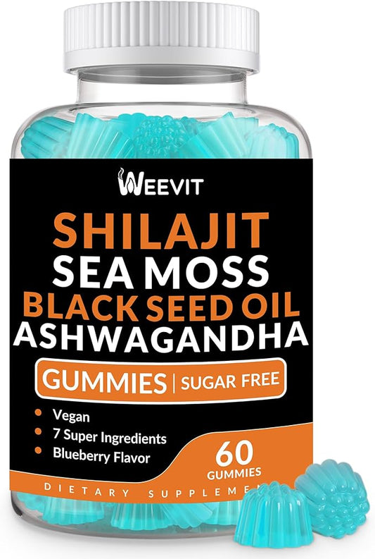 Shilajit Ashwagandha Black Seed Oil Gummies with Sea Moss for Women & Men, All in 1 Supplements Advanced Strength Formula for Immune, Absorption & Energy Support
