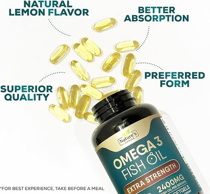 Triple Strength Omega 3 Fish Oil Supplement, EPA & DHA Fish Oil Omega 3 Essential Fatty Acids Supplement Softgels, 2400 mg Brain & Heart Health Support Supplements, Gluten Free, Non-GMO, 180 Softgels
