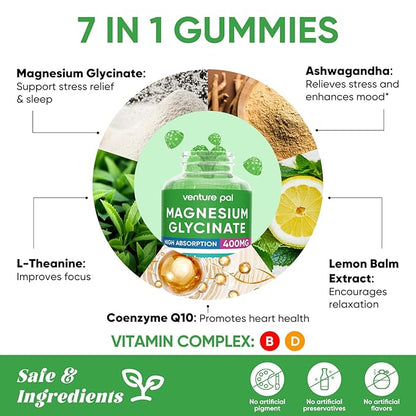 Venture Pal 60 Day Supply Magnesium Glycinate Gummies with Ashwagandha for Adults and Kids, L-Theanine, CoQ10, Sugar Free Magnesium Supplement 400mg for Calm Mood & Sleep, Gluten-Free & Vegan