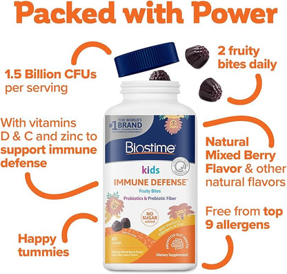 Biostime Kids immune support gummies|(Ages 4+) | Includes Vitamins D&C + Zinc & Probiotics | No Added Sugar |Kids Immune Defense Fruity Bites | Free from top 9 allergens | 60 Count