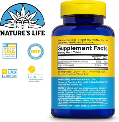 NATURE'S LIFE Protecting Zinc 50mg with 2.5mg Copper - Chelated Zinc Supplement for Immune Support, Bone Health, Muscle Function and Heart Health Support, 60-Day Guarantee, 250 Servings, 250 Tablets