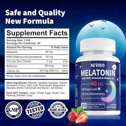 Melatonin 40 mg for Adults - Fast Dissolve & Chewable Sublingual Sleep Supplement - Extra Strength Melatonin with Vitamin D3 & MSM, Selenium for Health Rest Cycle, Deep Zzzs, Sugar-Free, 180 Servings