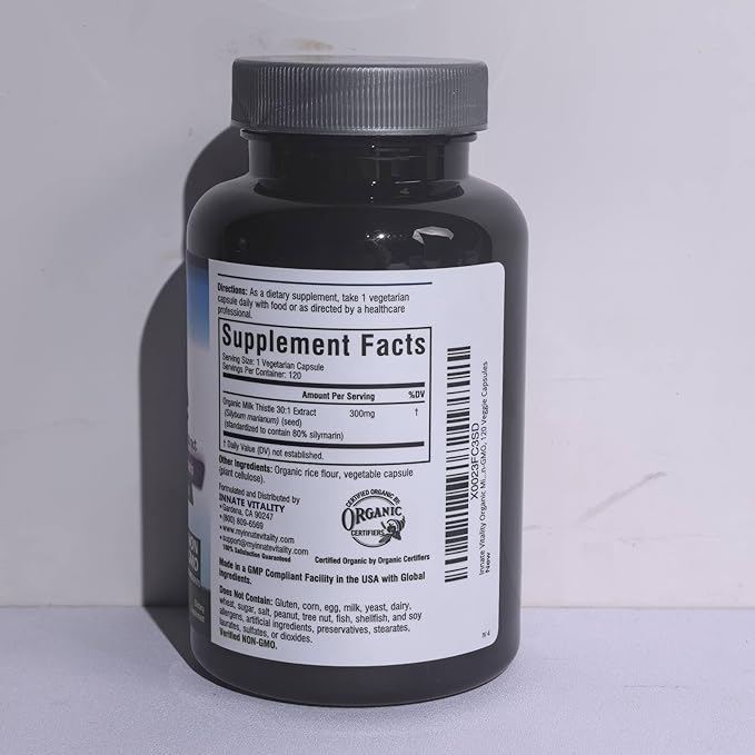 Innate Vitality 30:1 Organic Milk Thistle Supplement, 9000mg Equivalent (300mg Extract), 80% Silymarin Flavonoids, Liver Health, Detox & Cleansing, Made in USA, Non-GMO, 120 Veggie Capsules