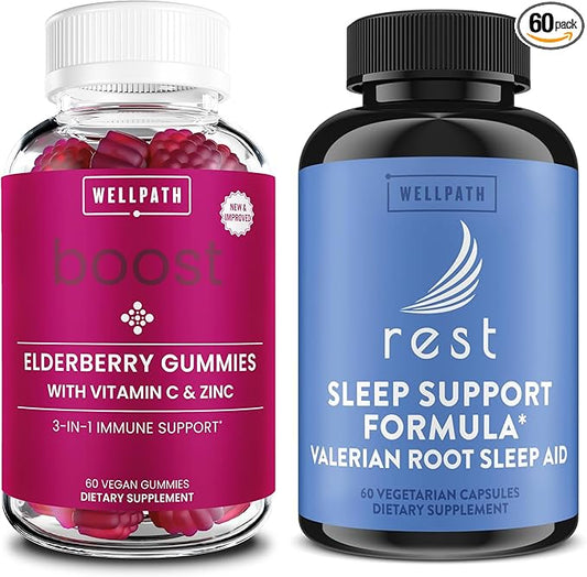 WellPath Elderberry Gummies with Zinc + Rest Valerian Root Sleep Aid for Adults with Melatonin & L-Theanine, 60 Ct Each