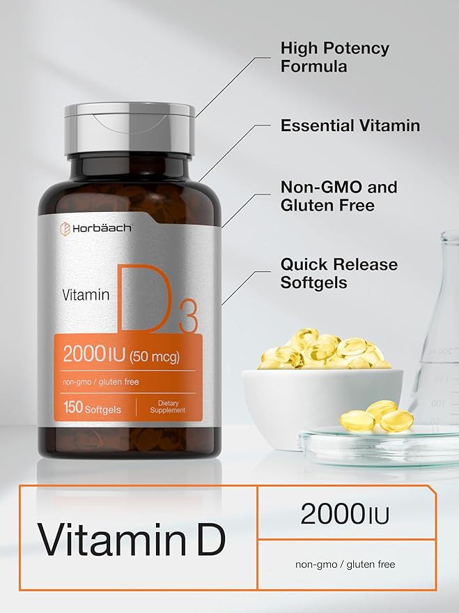 Horbäach Vitamin D3 2000IU Softgels (50mcg) | 150 Count | Non-GMO, Gluten Fee Supplement