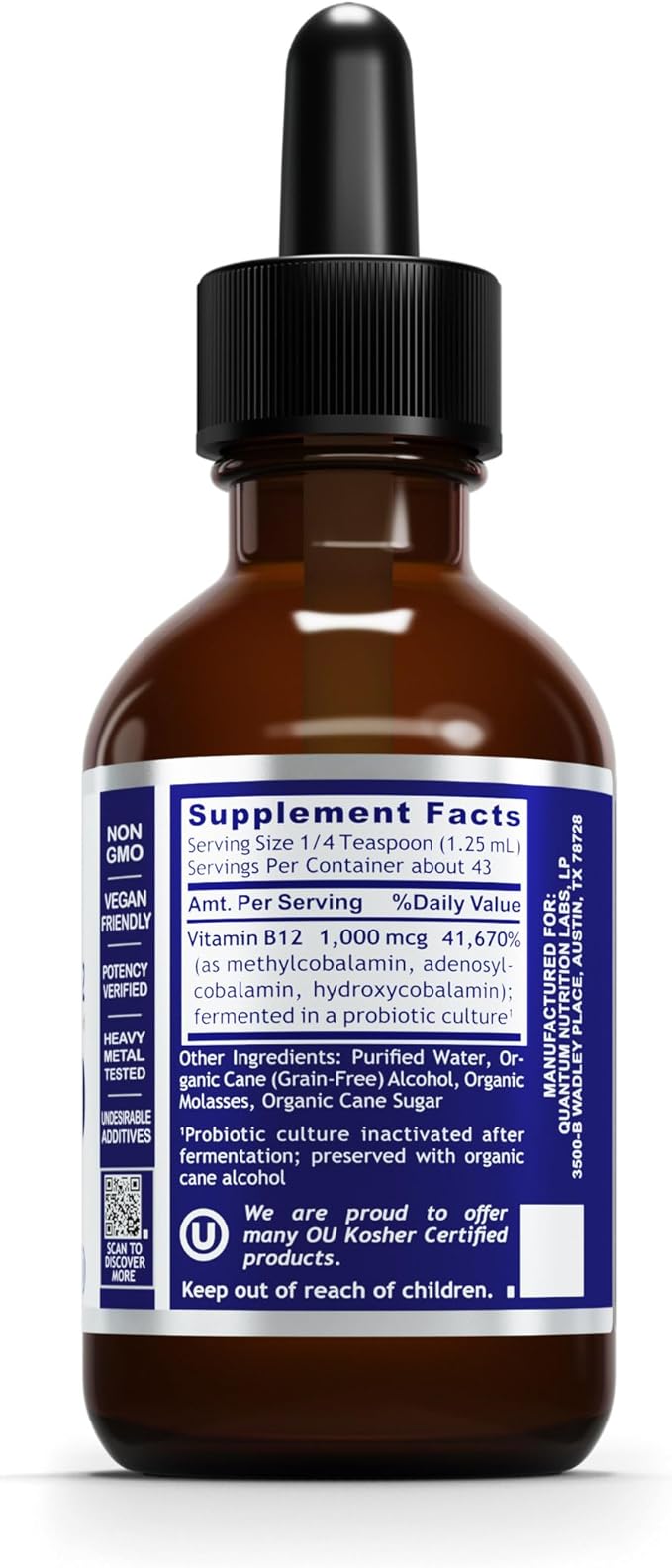 Quantum Nutrition Labs Qultured B12 - Vitamin B12, Pure B12 Liquid, B12 Sublingual, Methylated B12, Organic, Liquid Drops for Adults, Liquid B12 Supplement with Methylcobalamin - 2 Fl Oz