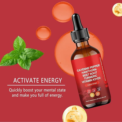 Cayenne Pepper Drops Supplement | Rethes & Aeluro Cayenne Pepper Liquid Drops with Hawthorn Beet Root | Turmeric Vitamin K2 D3 | Organic Ginseng Extract for Men Health